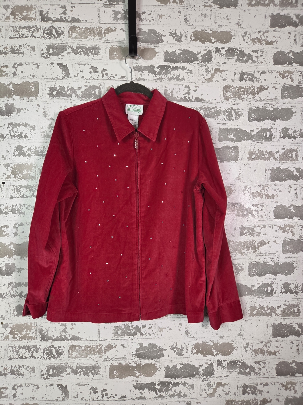 Vintage 90s Quacker Factory Red Velour Rhinestone Zip Jacket Size M